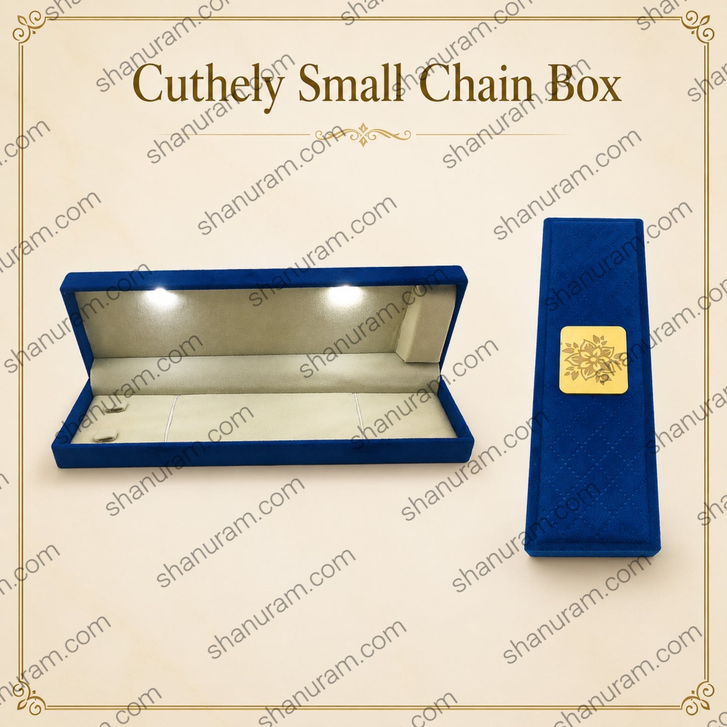 Cuthely LED Small Chain Jewelry Box | Premium Blue Velvet Chain Gift Box with White Suede Interior | 9 x 2.5 x 1.5 Inch