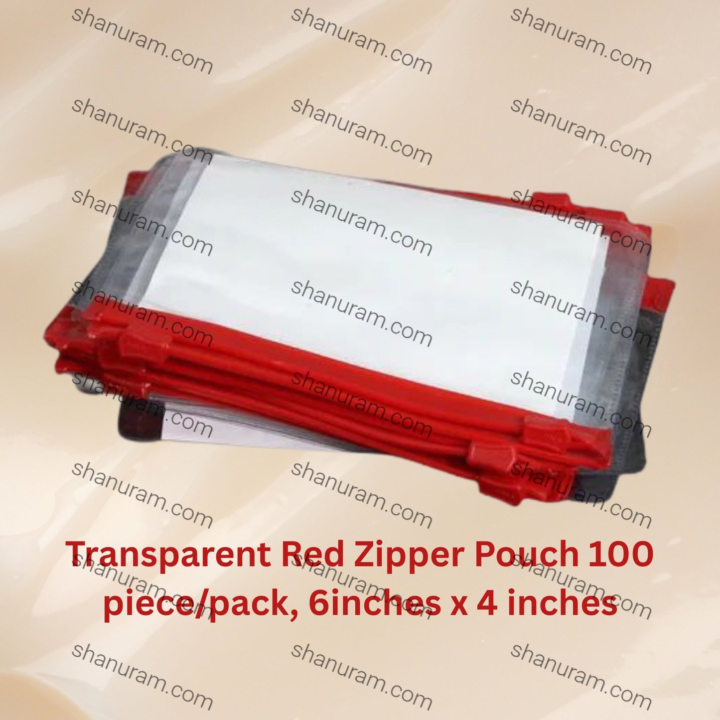 Transparent Red Zipper Pouch 100 piece/pack, 6 x 4 inch