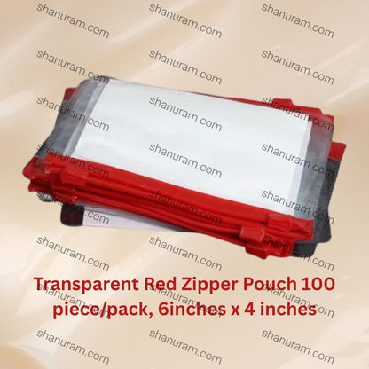 Transparent Red Zipper Pouch 100 piece/pack, 6 x 4 inch