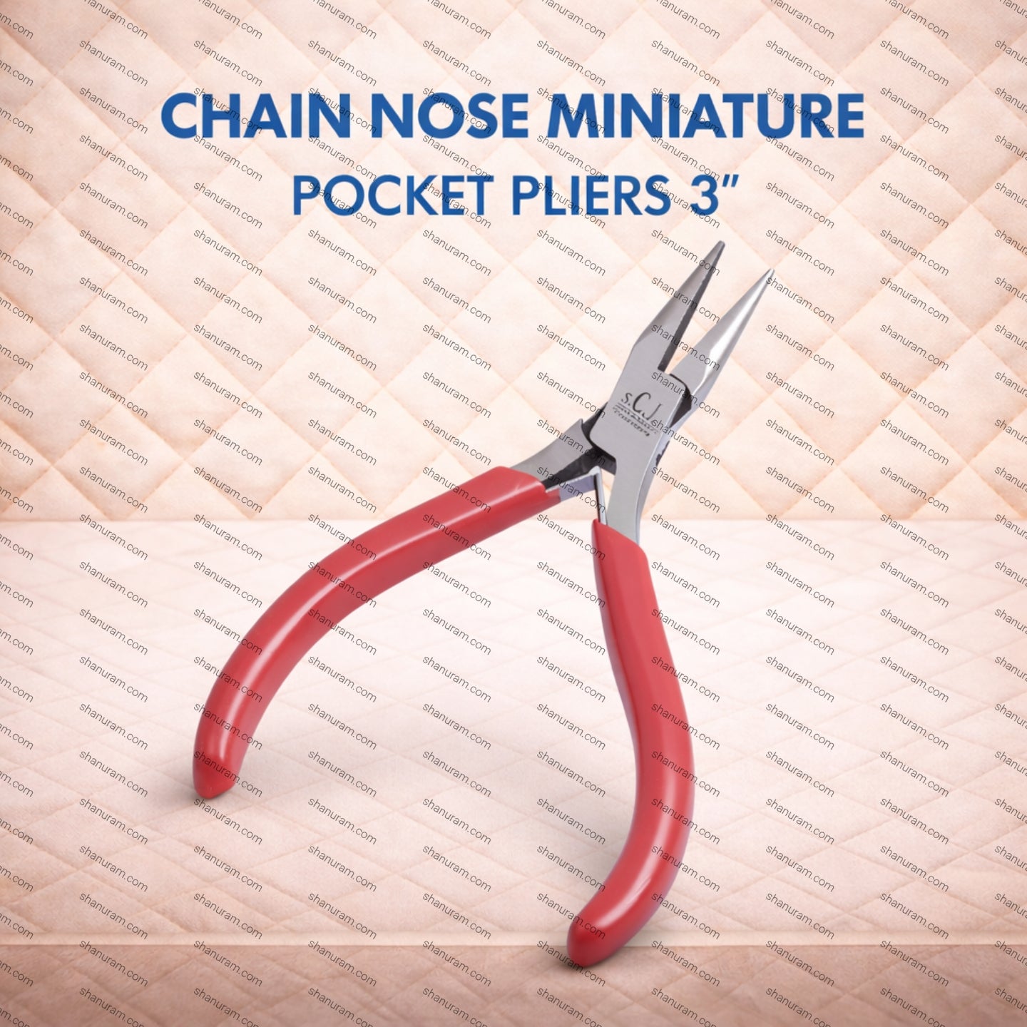 Chain nose miniature pocket pliers with red handles on a textured background