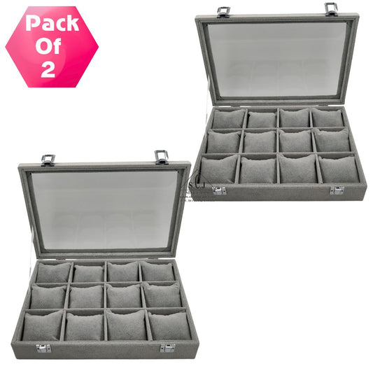 Pack of 2 – 12-Grid Bracelet Display Boxes | Grey Suede Jewellery Organizer with Cushions & Transparent Lid | Premium Stock Box for Retail & Personal Use