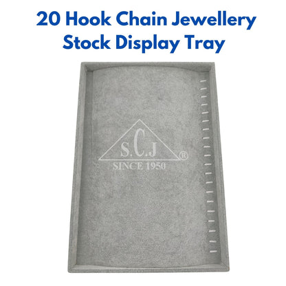 A gray 20-hook chain jewelry stock display tray made of durable wood and suede, with the brand logo 'S.C.