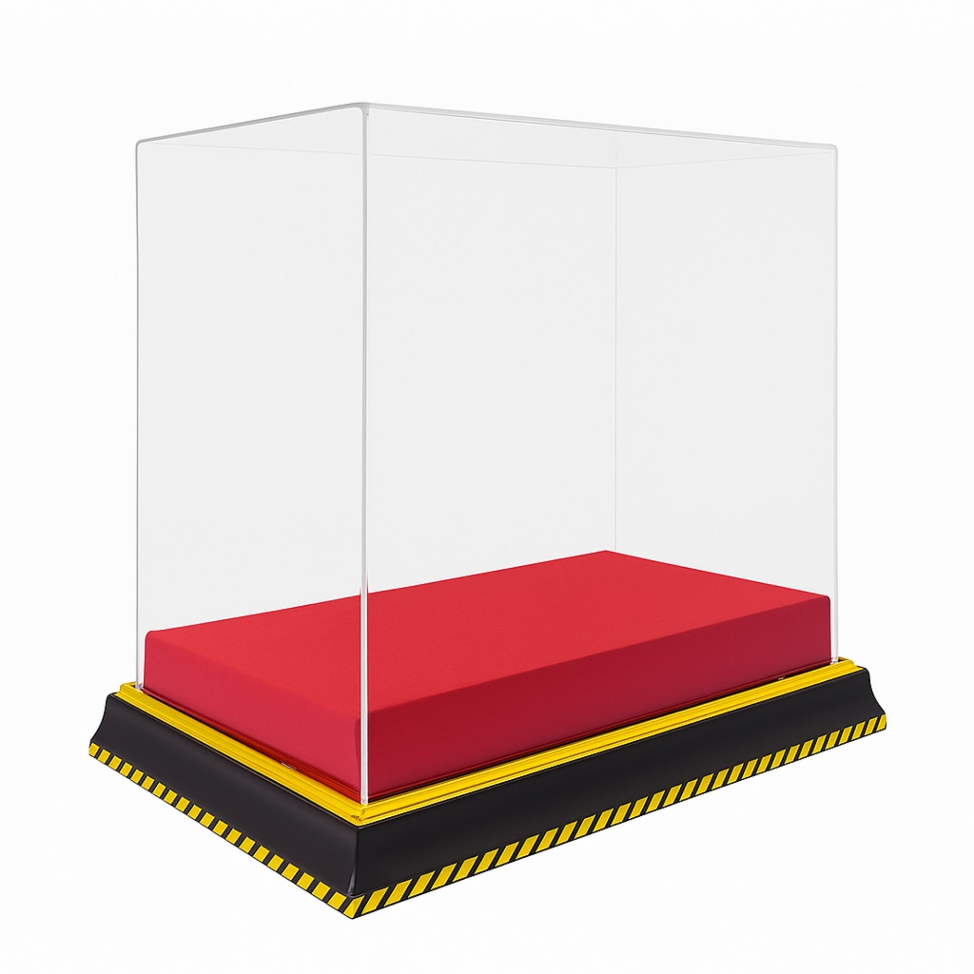 Clear display case with red platform and black base with yellow stripes on a white background