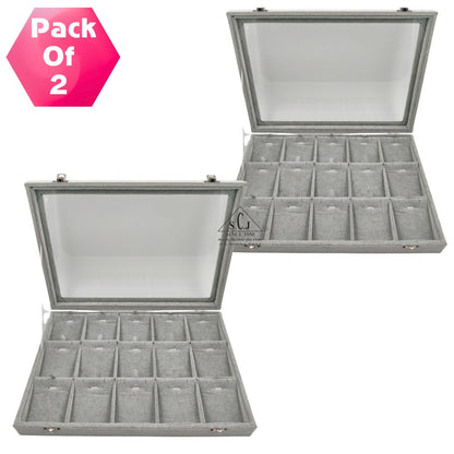 Pack of 2 – 15-Grid Earring & Pendant Jewellery Display Boxes | Transparent Lid | Grey Suede Finish | Jewellery Organizer for Retail & Personal Use