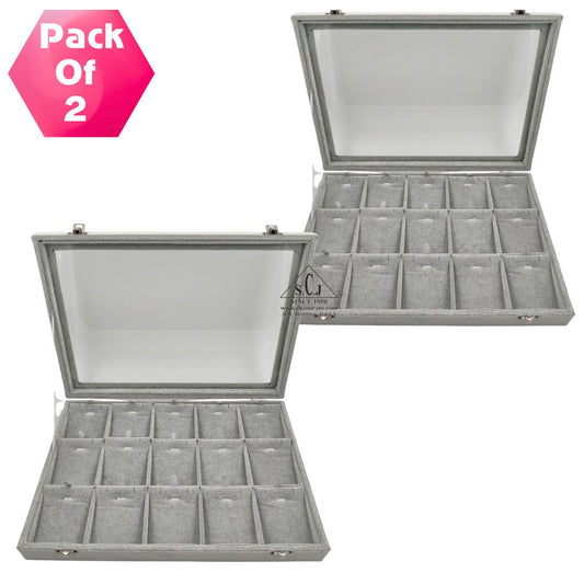 Pack of 2 – 15-Grid Earring & Pendant Jewellery Display Boxes | Transparent Lid | Grey Suede Finish | Jewellery Organizer for Retail & Personal Use