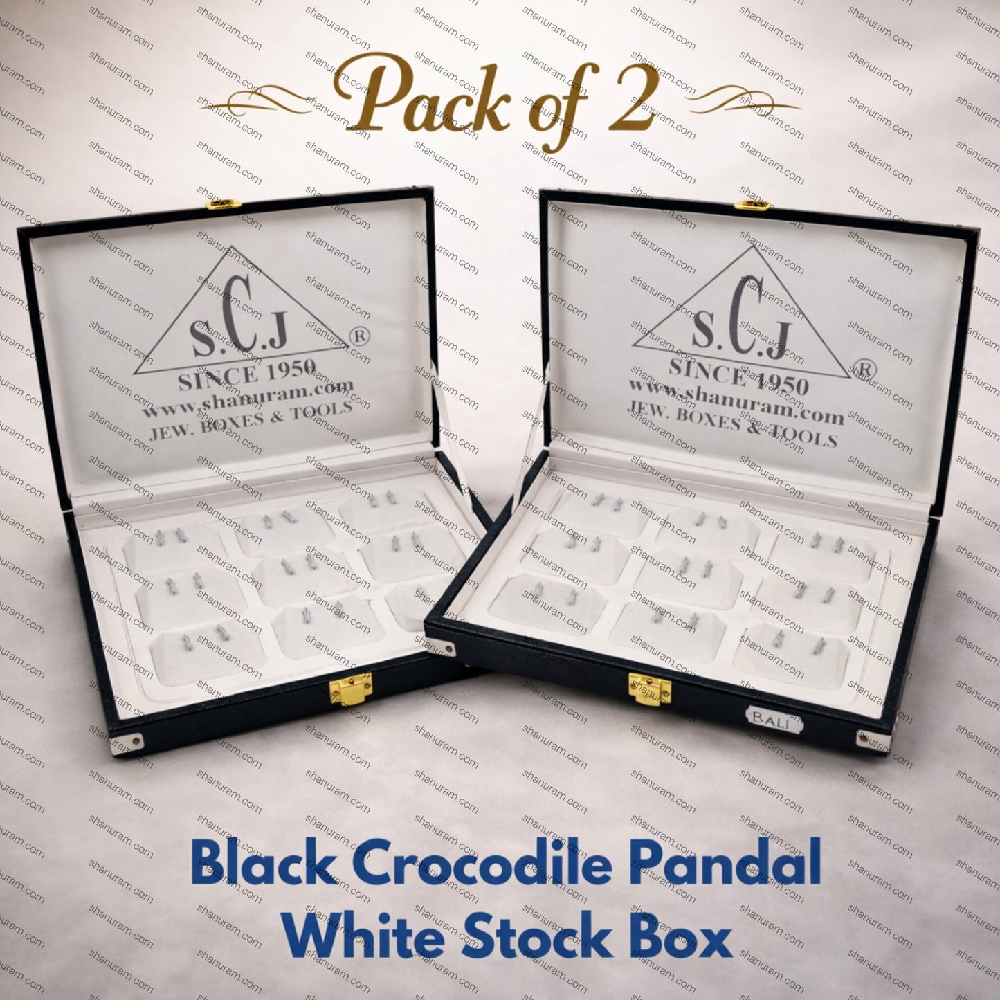 Pack of 2 Black Crocodile Bali White Stock Box | Imported PU Leather Jewellery Stock Display Box | 11 x 8 x 1.5 Inch