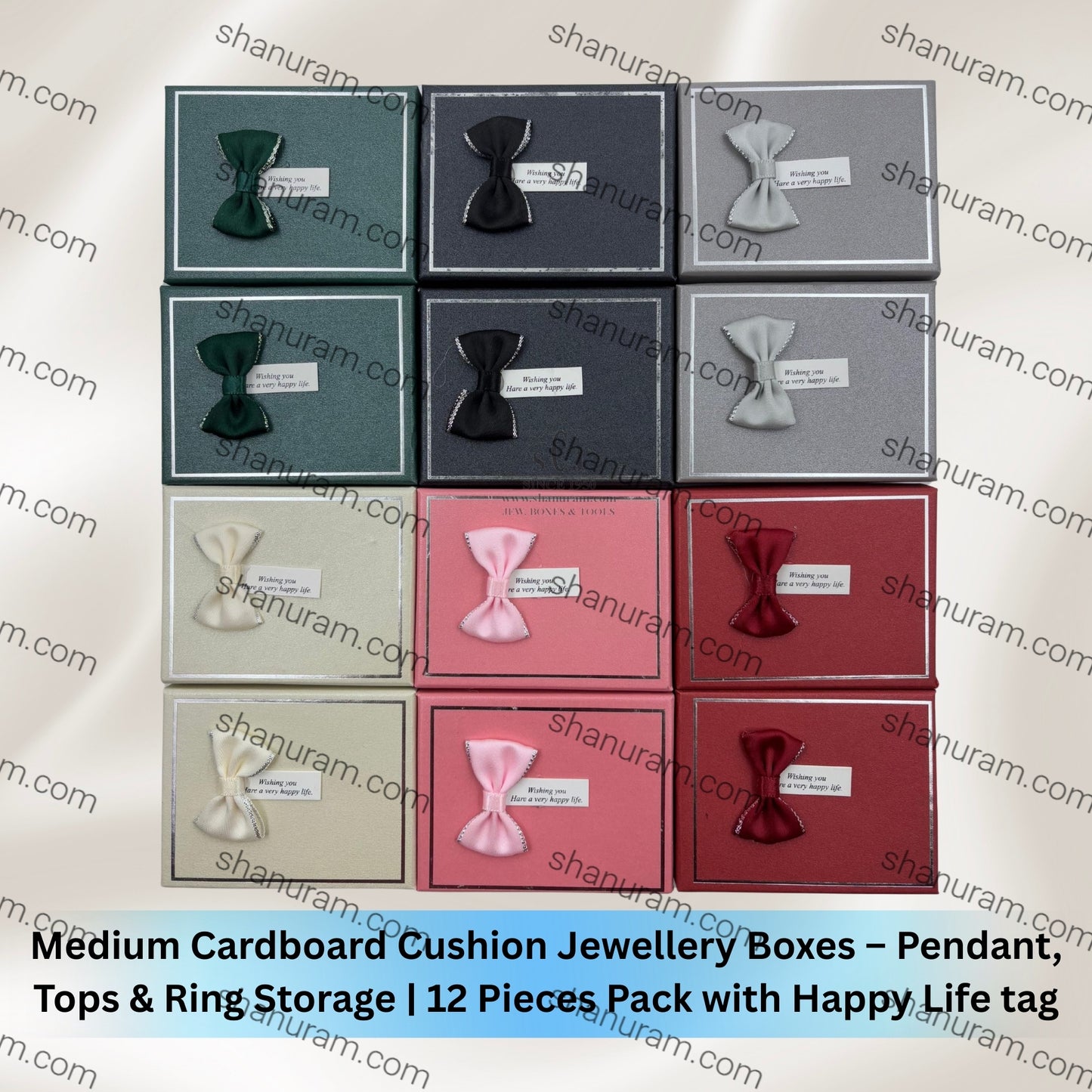 Medium Cardboard Cushion Jewellery Boxes – Pendant, Tops & Ring Storage | 12 Pieces Pack with Happy Life Tag