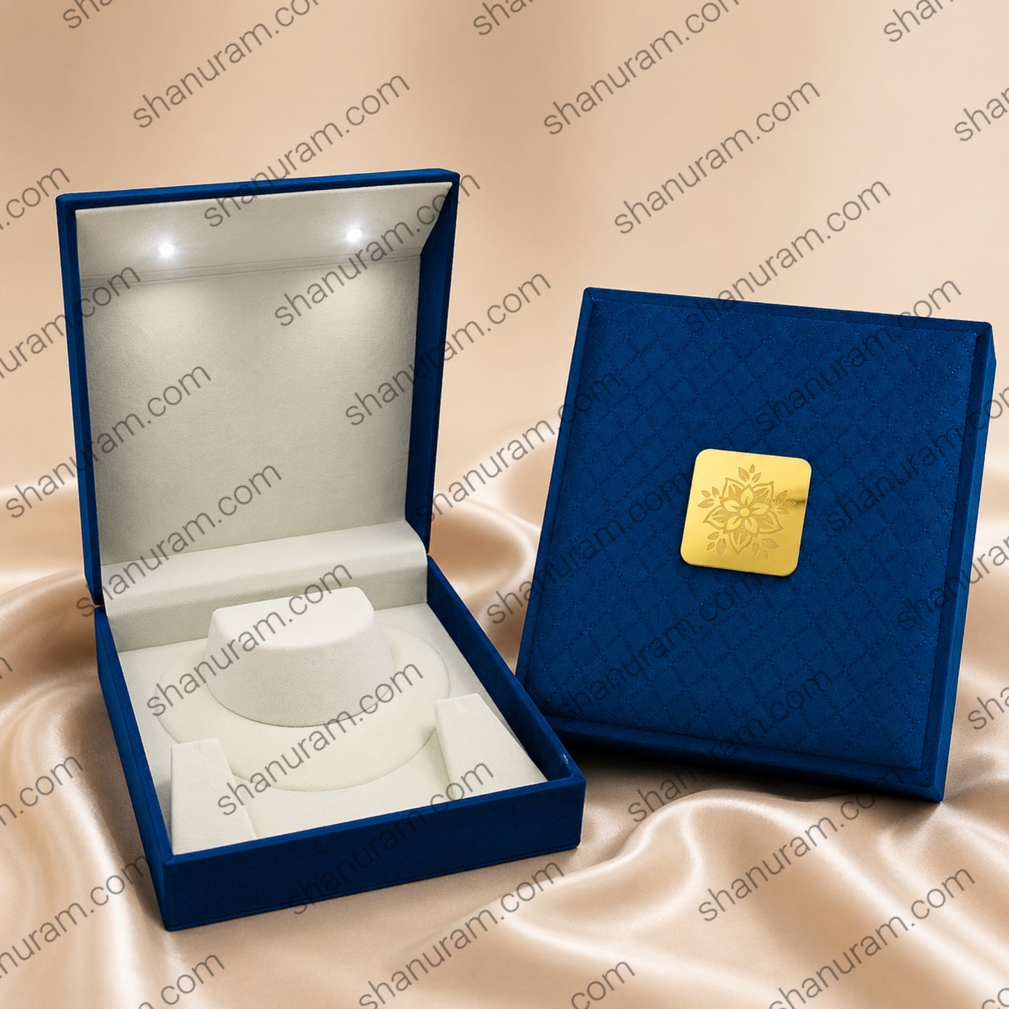 Premium LED Jewelry Presentation Box | Blue Velvet Necklace Gift Box with White Suede Interior | 9.5 × 8.5 × 3.5 Inch