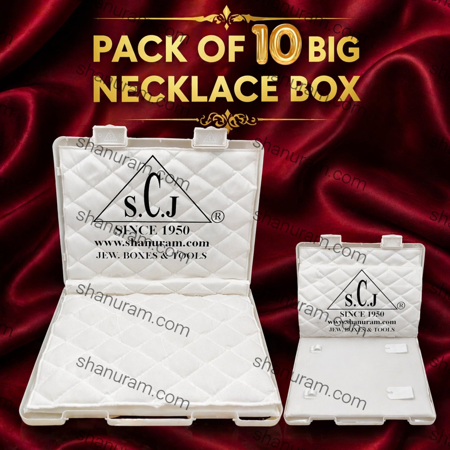 SCJ Big Necklace Box – Durable Off-White Plastic Jewelry Storage with White Cloth Lining (Pack of 10)