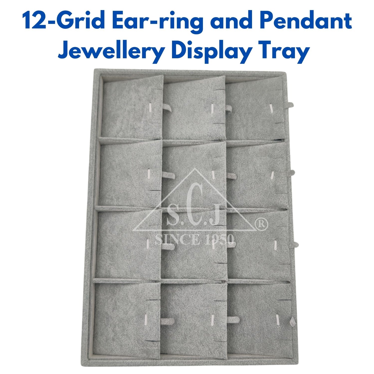 A grey 12-grid jewellery display tray for earrings and pendants with a suede finish and mirror display.