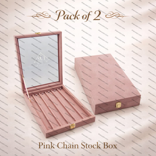 Pink Suede Fabric Chain Jewellery Display Stock Box – Pack of 2 | Glass Top Chain Storage Box by SCJ
