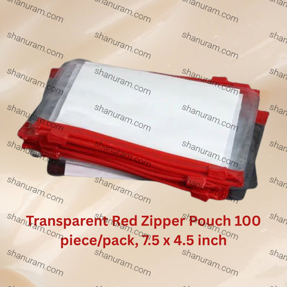 Transparent Red Zipper Pouch 100 piece/pack, 7.5 x 4.5 inch