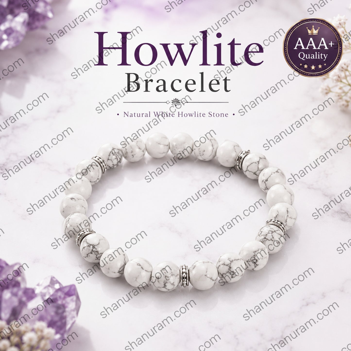 Natural Howlite Bracelet – White Howlite Stone Beaded Healing Bracelet for Calmness, Stress Relief & Emotional Balance