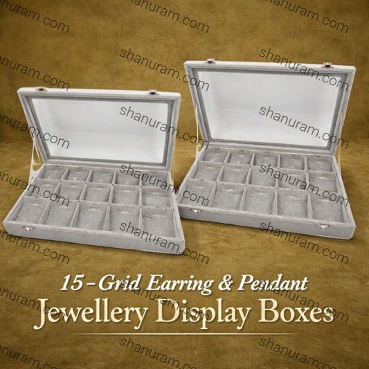 Pack of 2 – 15-Grid Earring & Pendant Jewellery Display Boxes | Transparent Lid | Grey Suede Finish | Jewellery Organizer for Retail & Personal Use