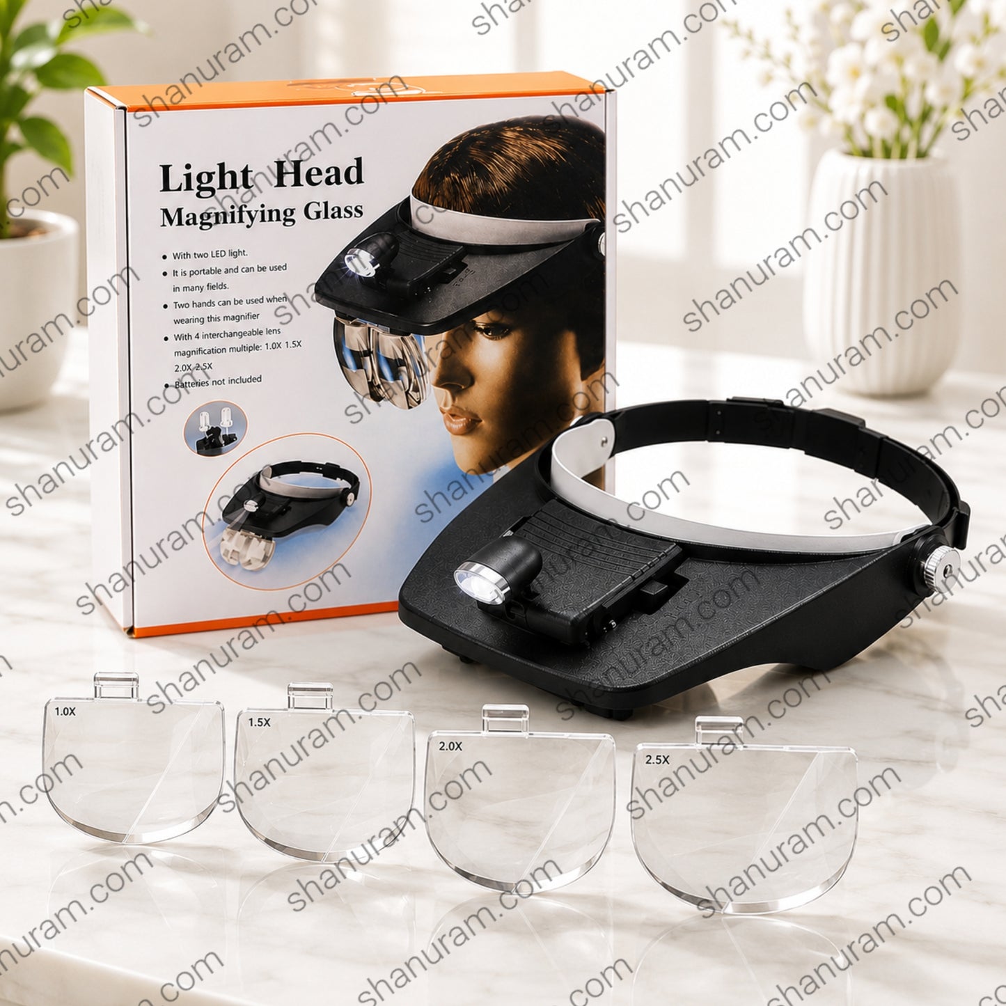 Light Head Magnifying Glass with Dual LED Light | Adjustable Headband | 4 Interchangeable Lenses (1.0X, 1.5X, 2.0X, 2.5X)