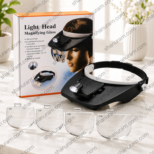 Light Head Magnifying Glass with Dual LED Light | Adjustable Headband | 4 Interchangeable Lenses (1.0X, 1.5X, 2.0X, 2.5X)