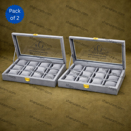 Pack of 2 – 12-Grid Bracelet Display Boxes | Grey Suede Jewellery Organizer with Cushions & Transparent Lid | Premium Stock Box for Retail & Personal Use