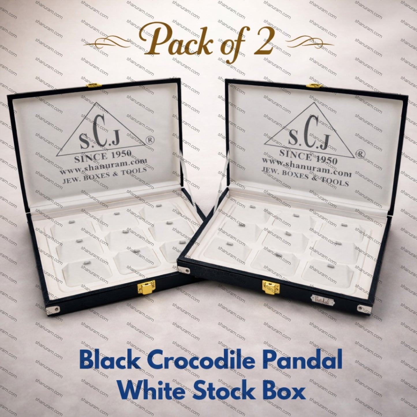 Pack of 2 Black Crocodile Pandal White Stock Box | Imported PU Leather Jewellery Stock Display Box | 11 x 8 x 1.5 Inch