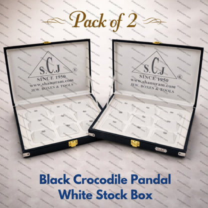 Pack of 2 Black Crocodile Pandal White Stock Box | Imported PU Leather Jewellery Stock Display Box | 11 x 8 x 1.5 Inch