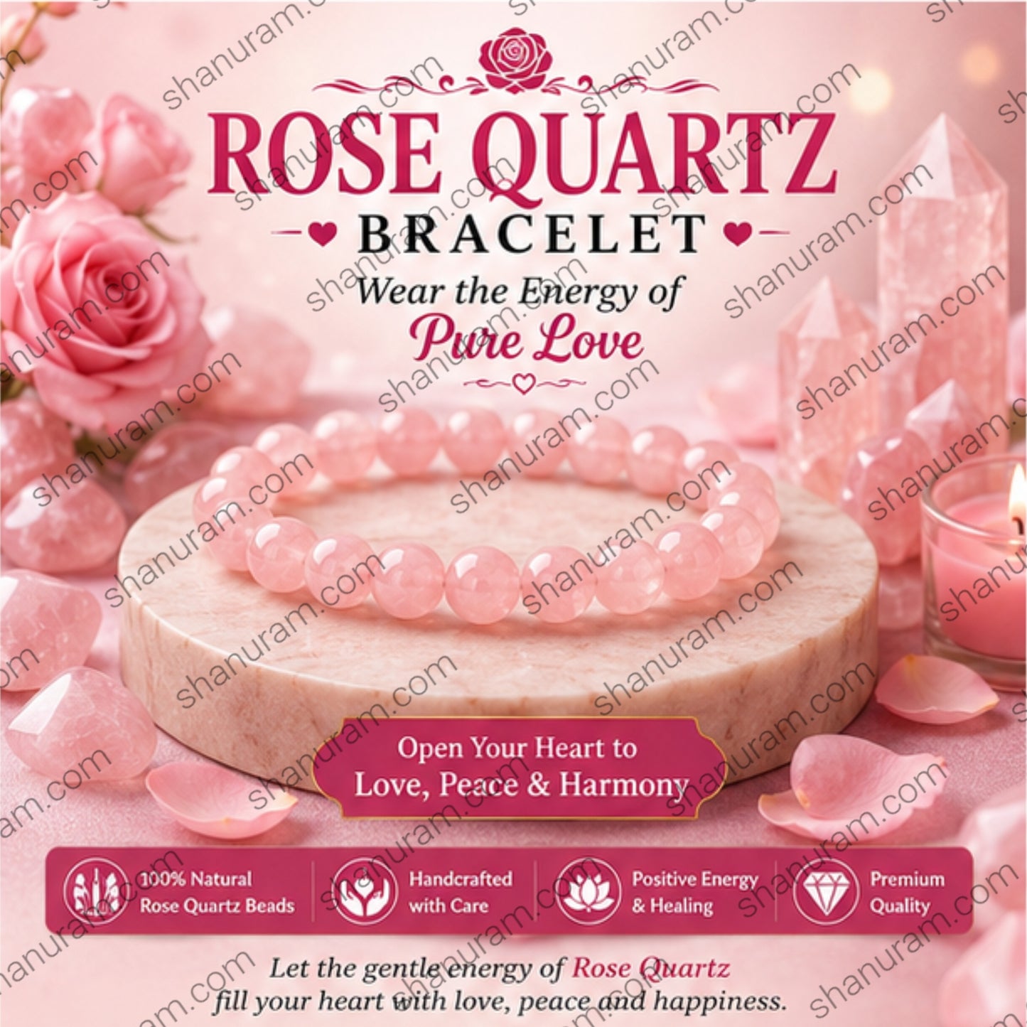 Natural Rose Quartz Bracelet – Love, Emotional Healing & Harmony Crystal Beaded Bracelet for Men & Women