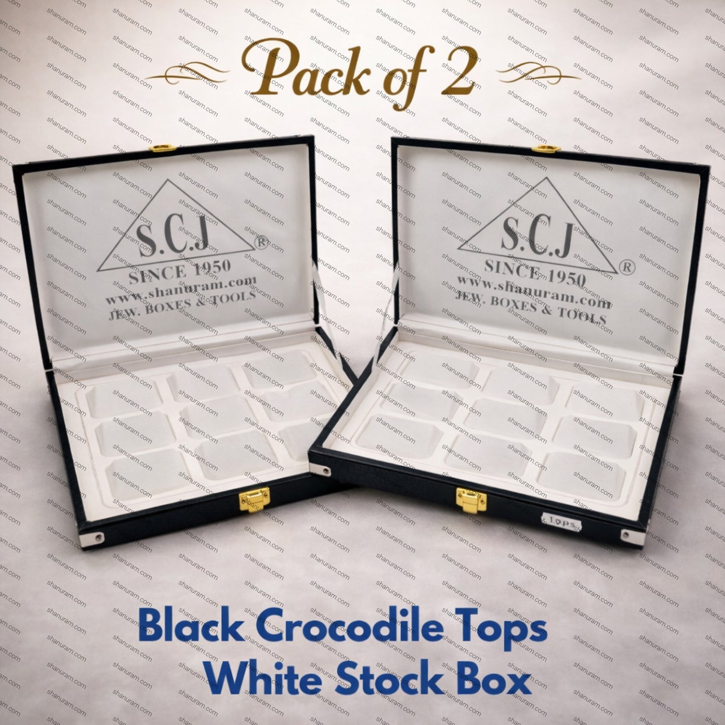 Pack of 2 Black Crocodile Tops White Stock Box | Imported PU Leather Jewellery Stock Display Box | 11 x 8 x 1.5 Inch