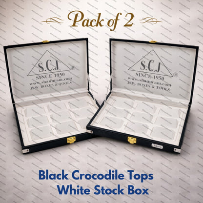 Pack of 2 Black Crocodile Tops White Stock Box | Imported PU Leather Jewellery Stock Display Box | 11 x 8 x 1.5 Inch