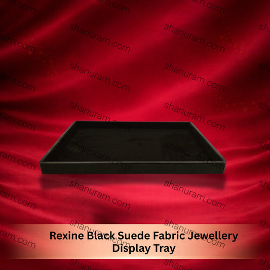 Black suede fabric jewelry display tray on a red satin background with 'shapuram.com' branding.