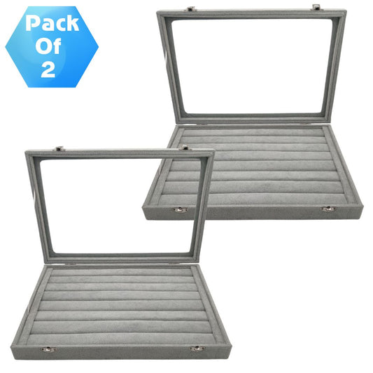 Pack of 2 – Grey Suede Fabric Ring Stock Display Boxes | Jewellery Ring Organizer Box
