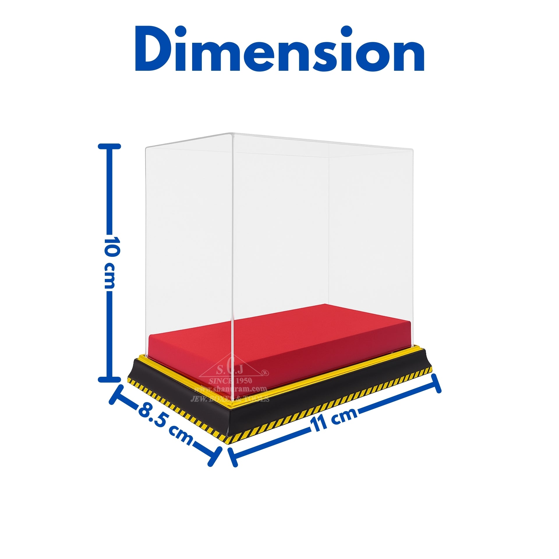 Measurement chart showing dimensions of a red cushion with a clear cube on top, labeled 'Dimension'.