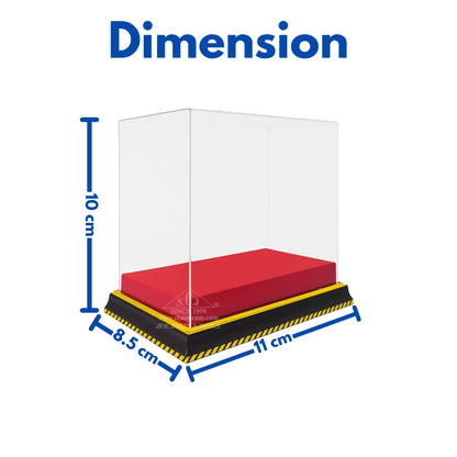 Measurement chart showing dimensions of a red cushion with a clear cube on top, labeled 'Dimension'.