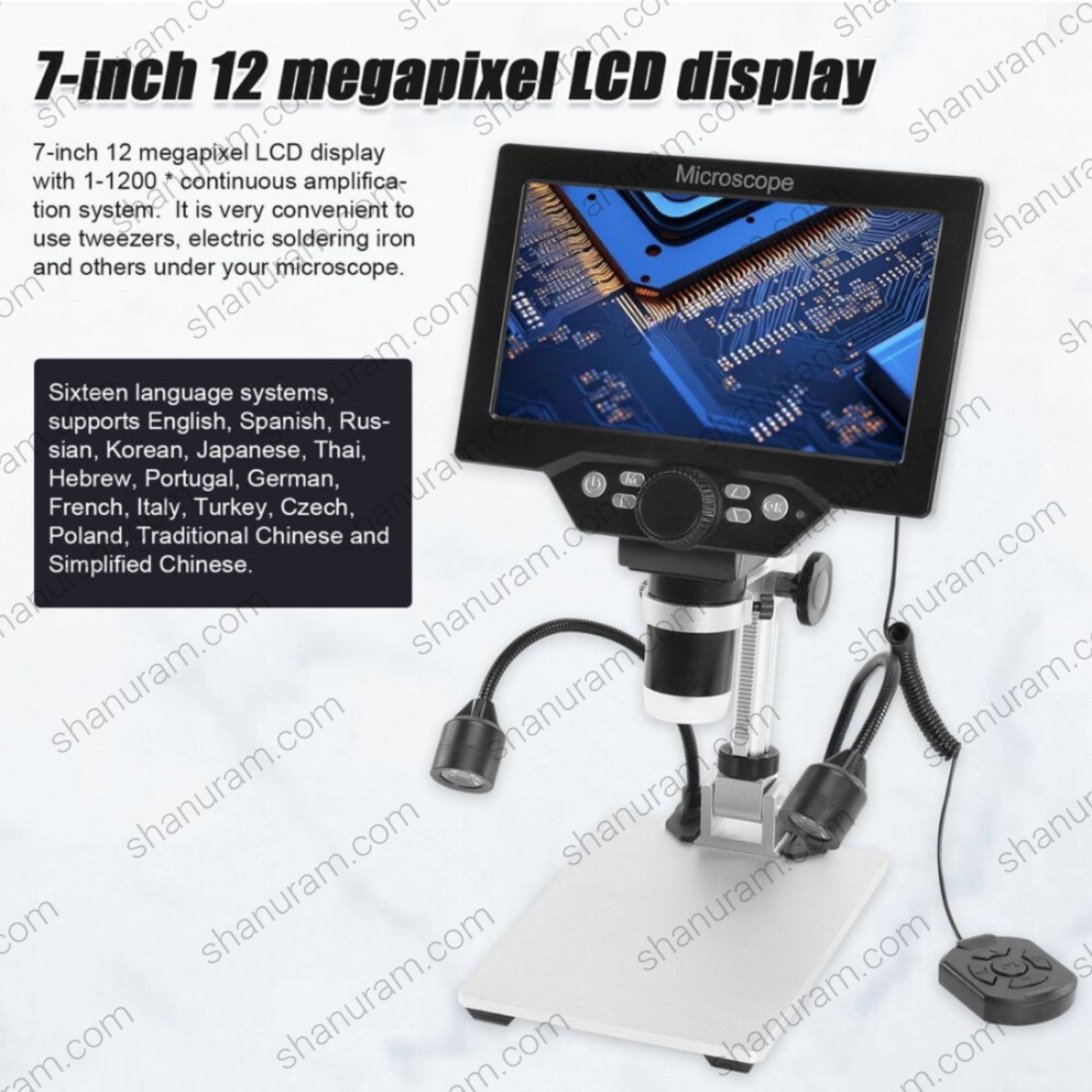B1200 Digital Microscope 1–1200X with 7-Inch HD Display & Metal Stand
