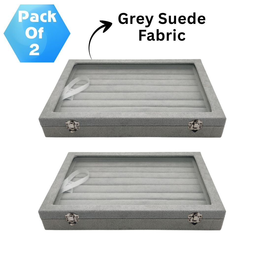 Pack of 2 – Grey Suede Fabric Ring Stock Display Boxes | Jewellery Ring Organizer Box