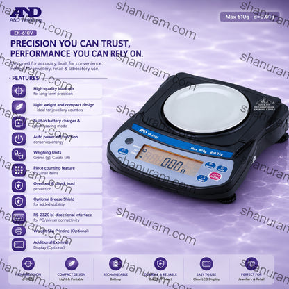 A&D EK-610V Jewellery Weighing Scale – 610g Capacity, 0.01g Precision, LED Display, RS-232 Interface