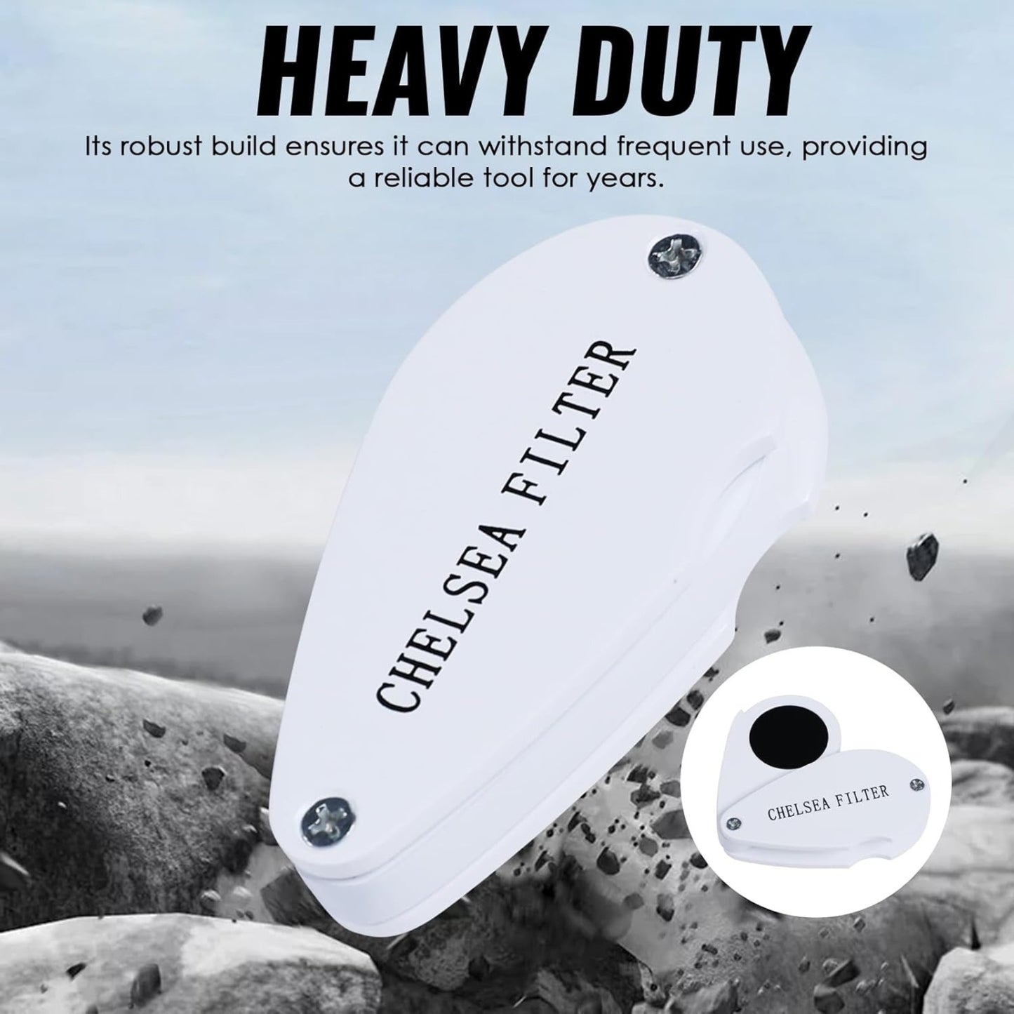 White Chelsea Filter on a rocky background with text about its durability.
