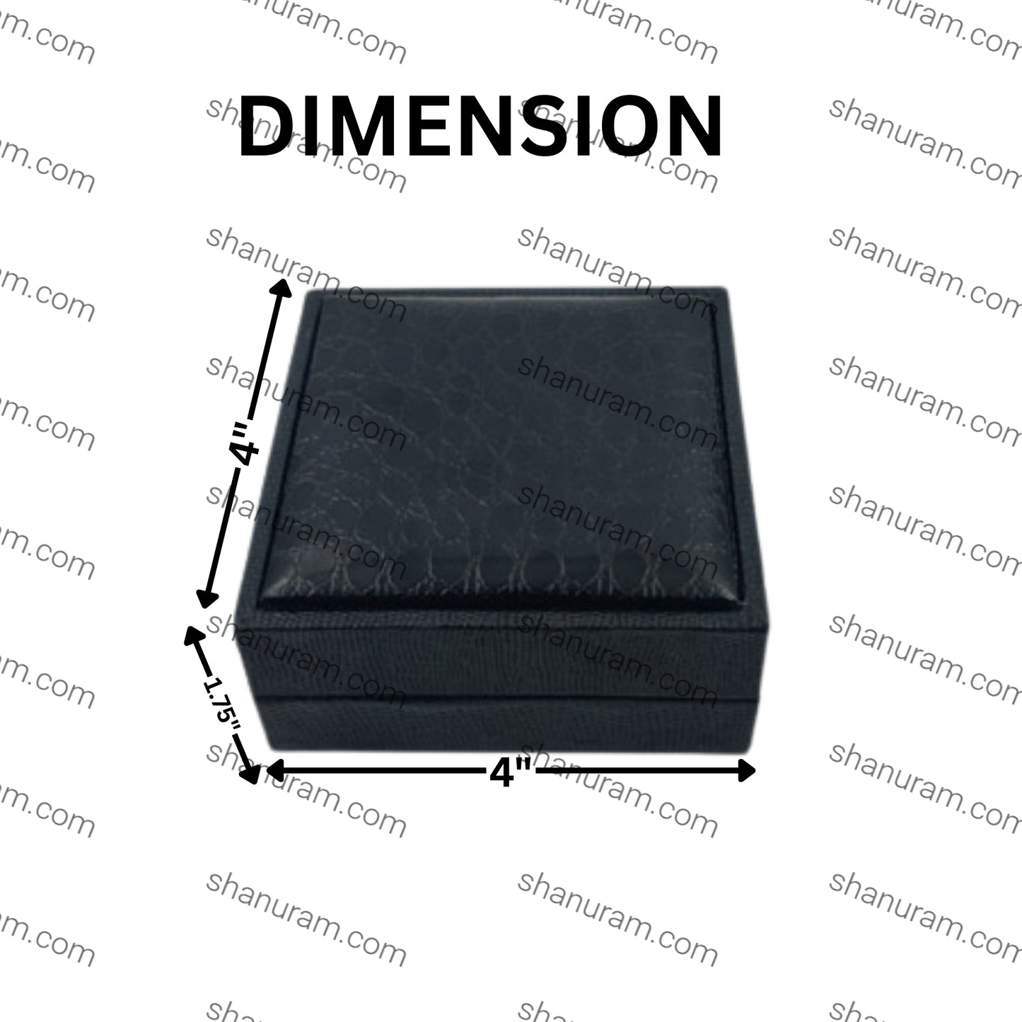 Black jewelry box with dimensions labeled on a white background