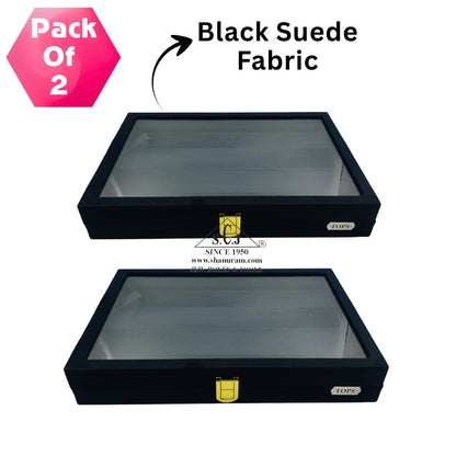 Pack of 2 - Black Suede Earrings & Tops Display Box | 4 Shelf Jewelry Organizer with Glass Top