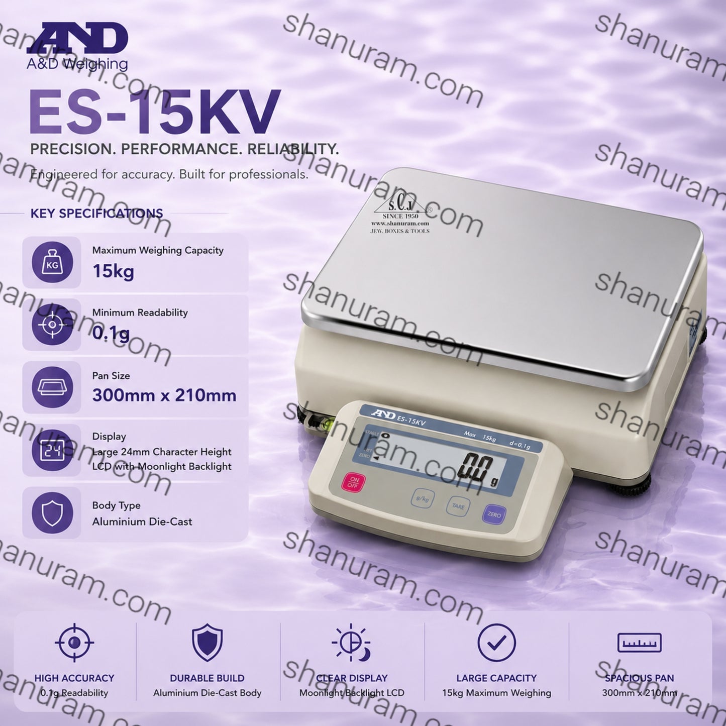A&D ES-15KV Precision Silver Balance – 15kg Capacity, 0.1g Accuracy, LCD Display