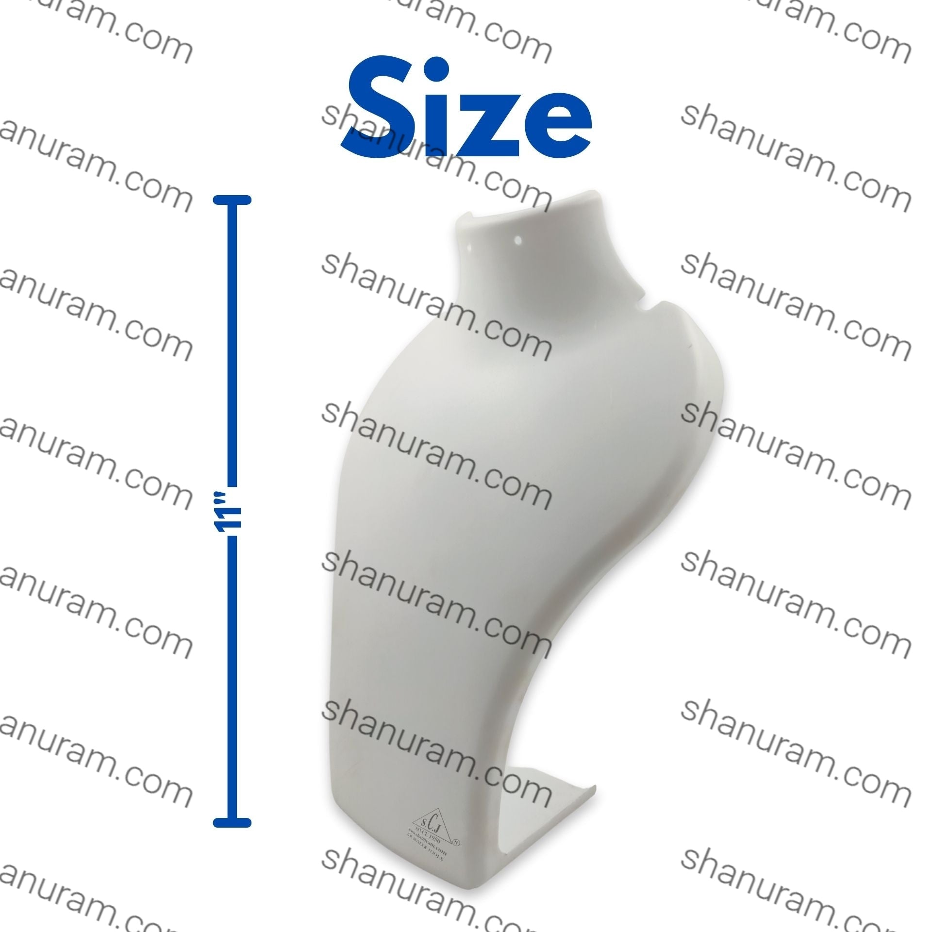 White plastic component with dimensions on a branded background