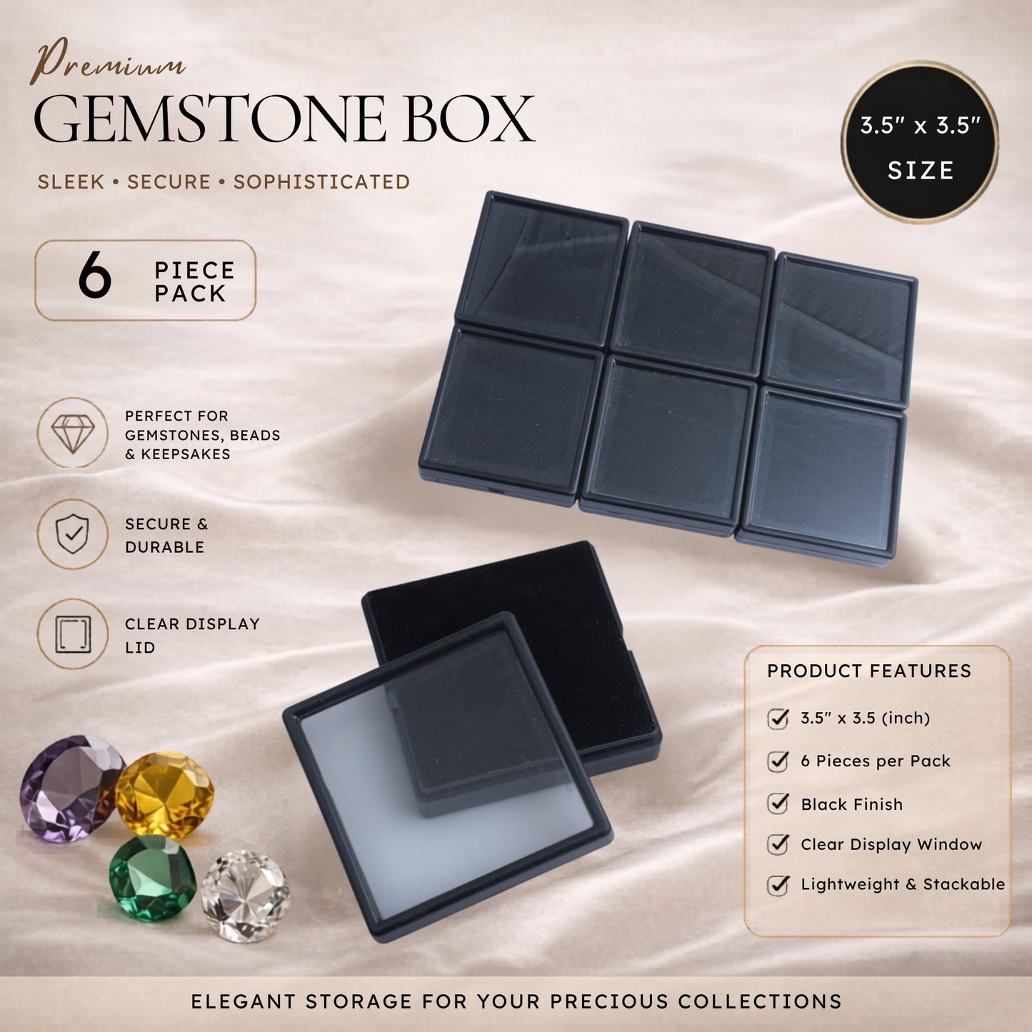 Gem Stone Box Black 6 piece/pack 3.5*3.5 (inch)