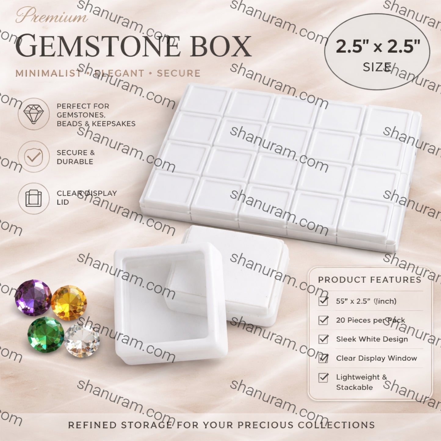 Gem Stone Box White 20 piece/pack 2.5*2.5 (inch)