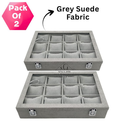 Pack of 2 – 12-Grid Bracelet Display Boxes | Grey Suede Jewellery Organizer with Cushions & Transparent Lid | Premium Stock Box for Retail & Personal Use