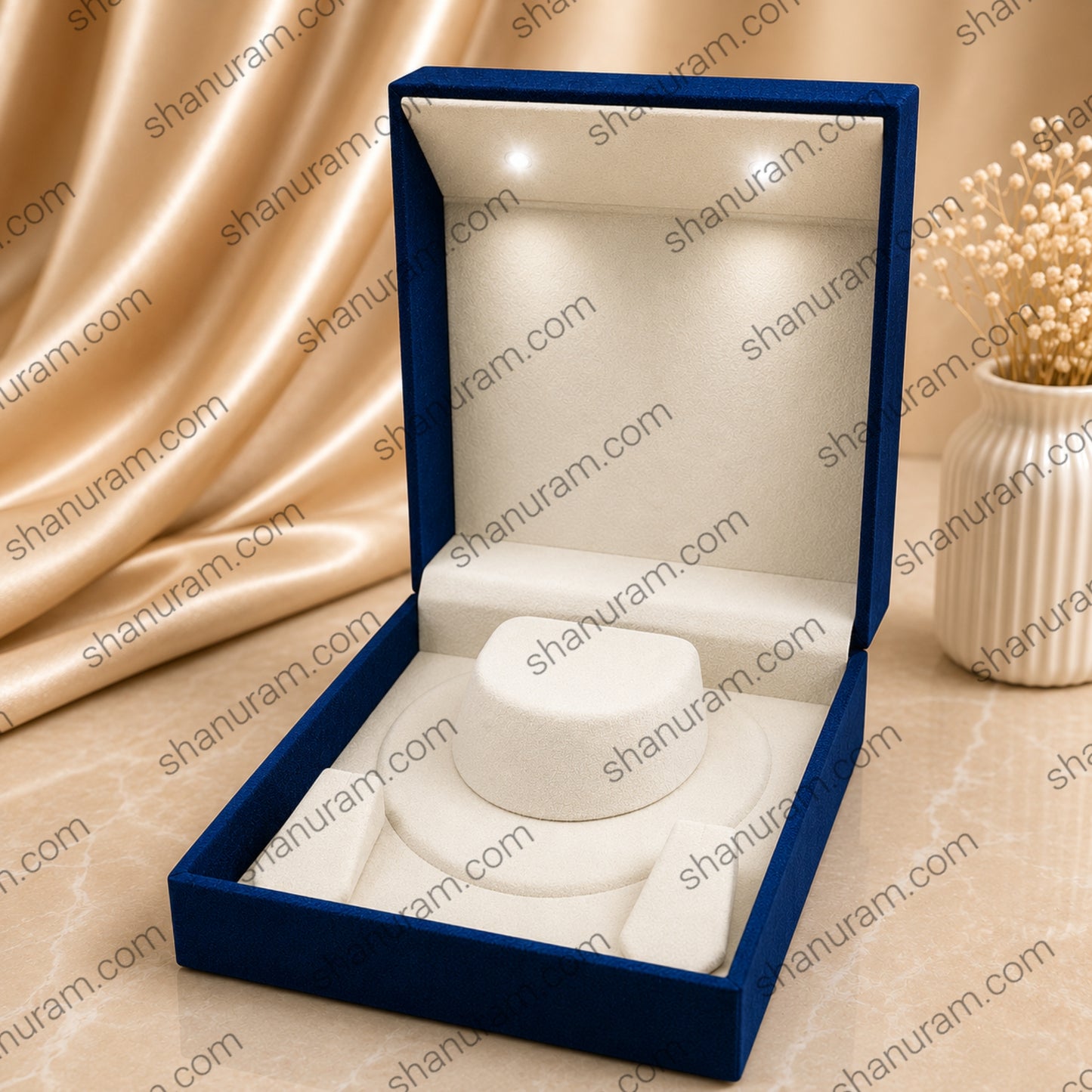 Premium LED Jewelry Presentation Box | Blue Velvet Necklace Gift Box with White Suede Interior | 9.5 × 8.5 × 3.5 Inch