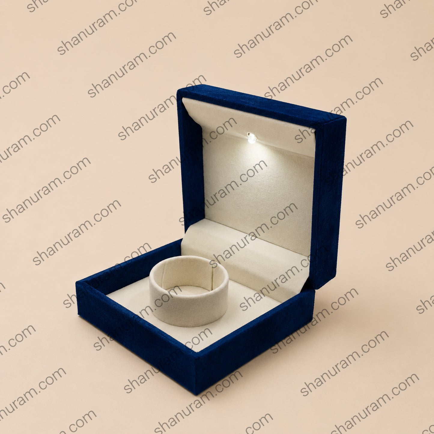 Premium Blue Velvet LED Ring Box with White Suede Interior | Luxury Jewelry Gift Box | 4 x 4 x 2 Inch