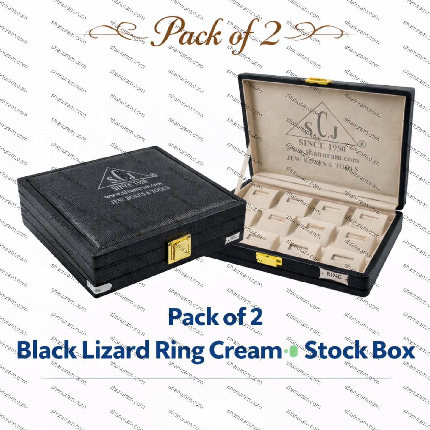 Pack of 2 Black Lizard Ring Cream Stock Box 11 x 8 x 2 Inch | Premium Ring Storage Jewellery Display Box