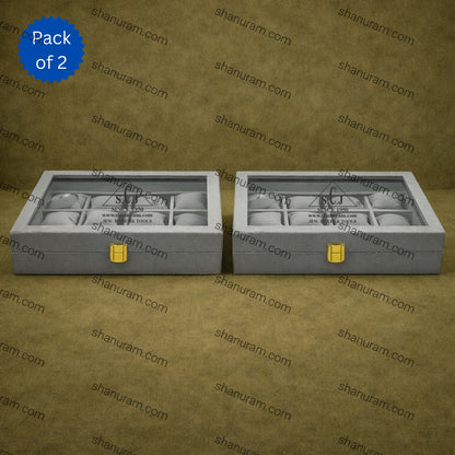 Pack of 2 – 12-Grid Bracelet Display Boxes | Grey Suede Jewellery Organizer with Cushions & Transparent Lid | Premium Stock Box for Retail & Personal Use