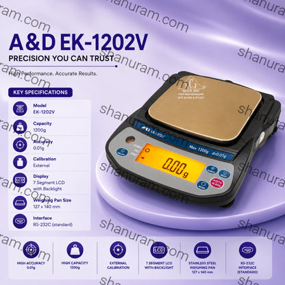 A&D EK-1202V Jewellery Weighing Machine – 1200g Capacity, 0.01g Accuracy, LCD Display