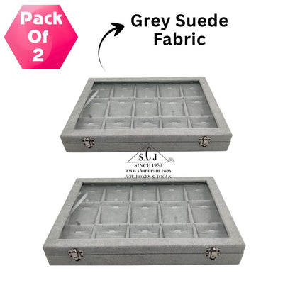 Pack of 2 – 15-Grid Earring & Pendant Jewellery Display Boxes | Transparent Lid | Grey Suede Finish | Jewellery Organizer for Retail & Personal Use