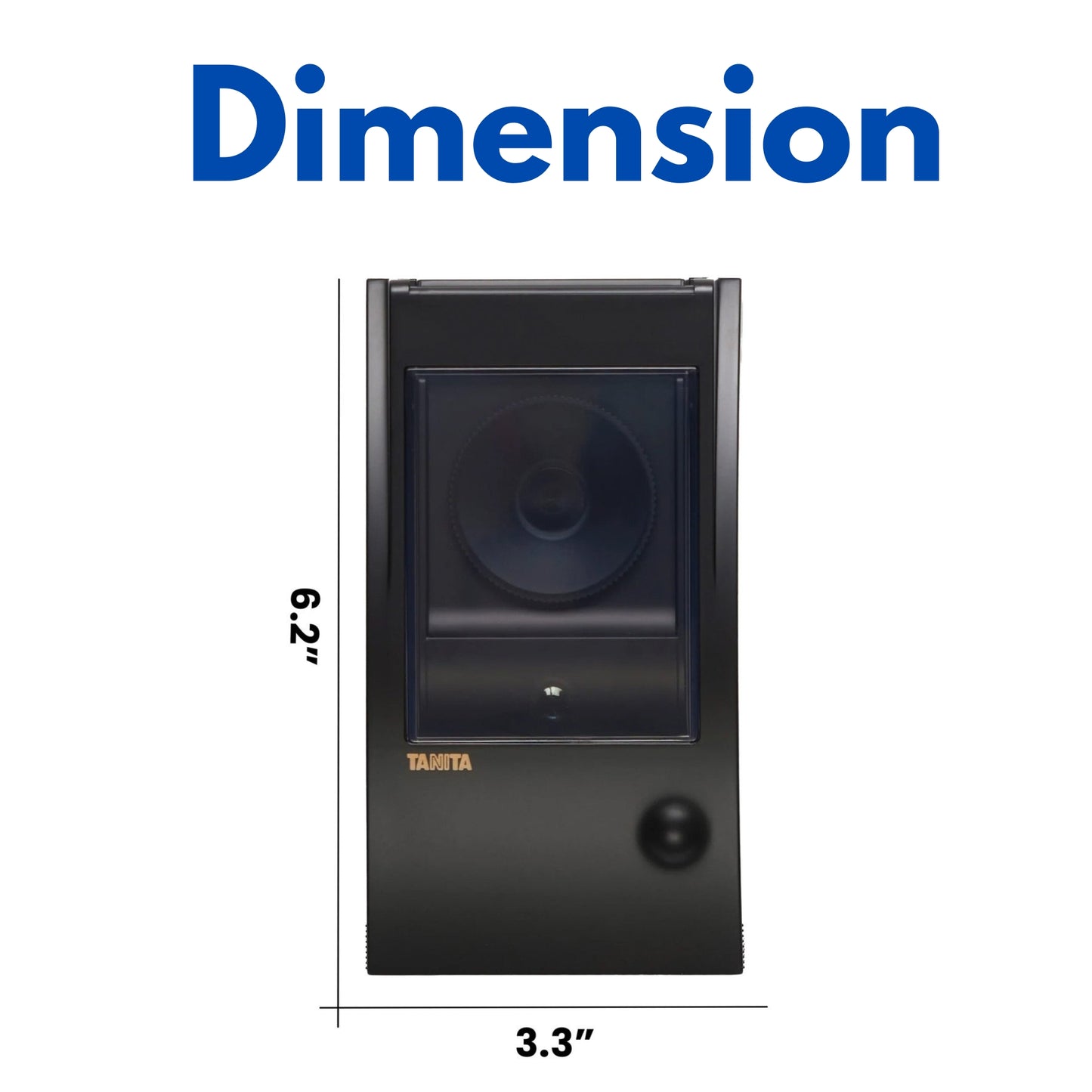 Black speaker with dimensions labeled on a white background