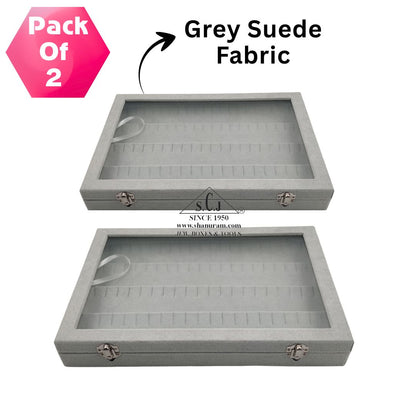 Pack of 2 – Earring & Tops Jewellery Display Boxes | Wooden Organizer with Mirror & Suede Finish | Grey | Jewellery Stock Storage for Retail & Personal Use