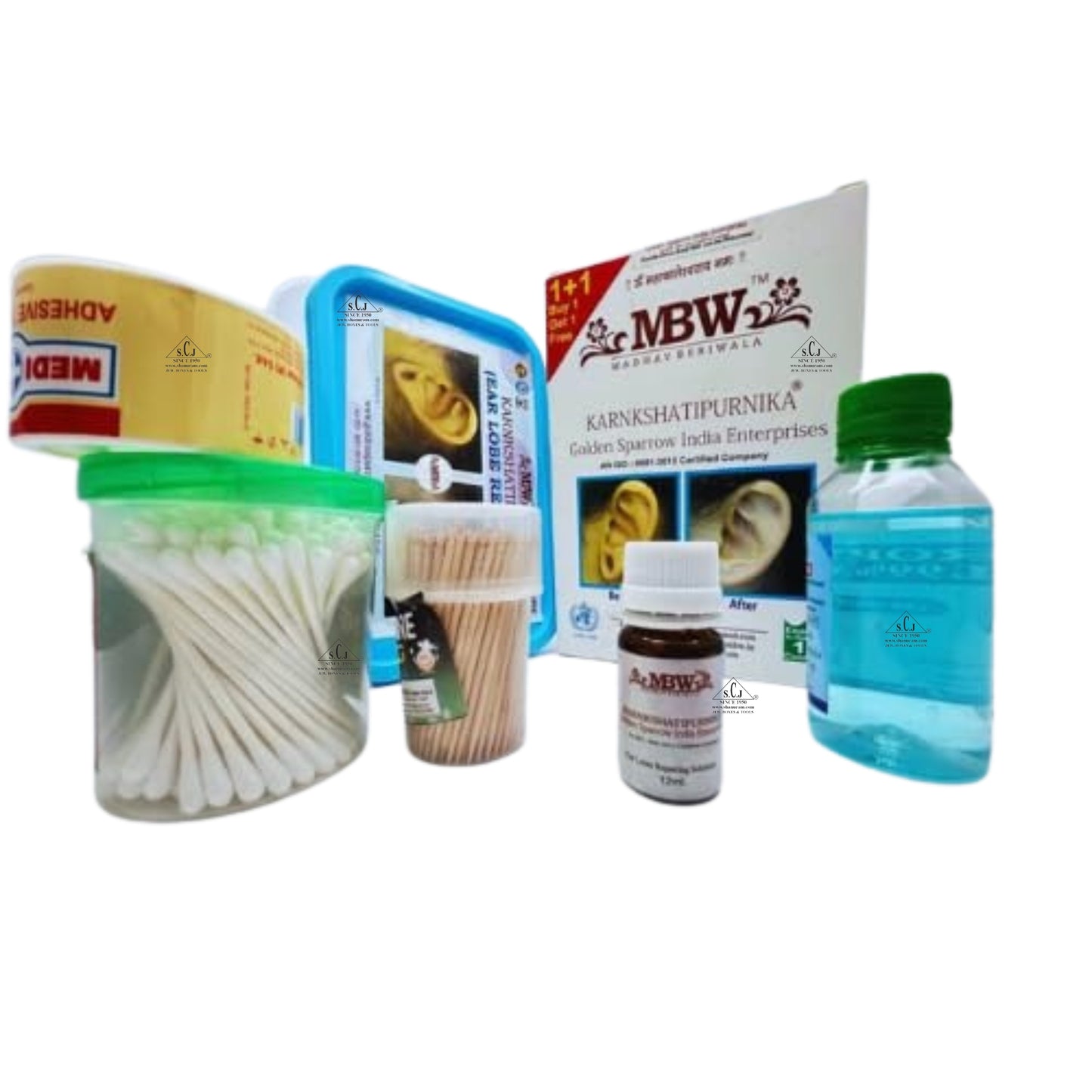 Collection of medical and dental products on a white background